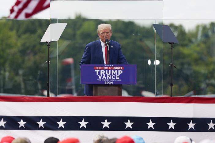 Republican presidential nominee former President Donald Trump speaks during a campaign rally at North Carolina Aviation Museum on Wednesday in Asheboro, N.C. 