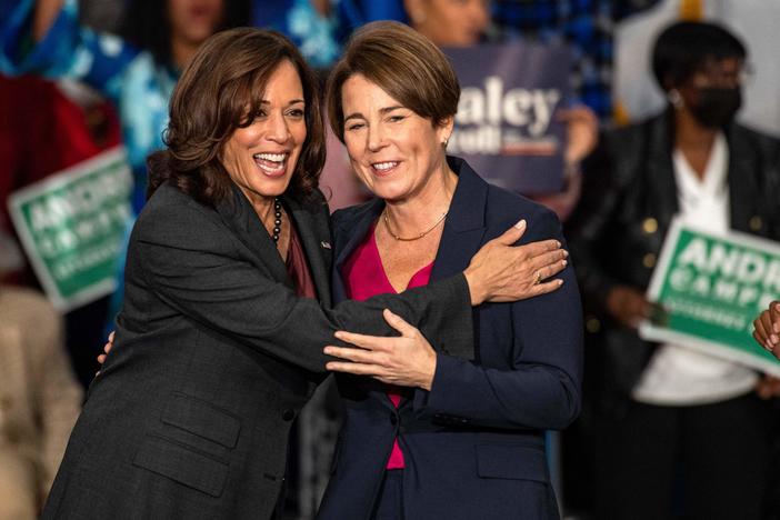 US Vice President Kamala Harris and then candidate Maura Healey in Boston, Massachusetts, on November 2, 2022.