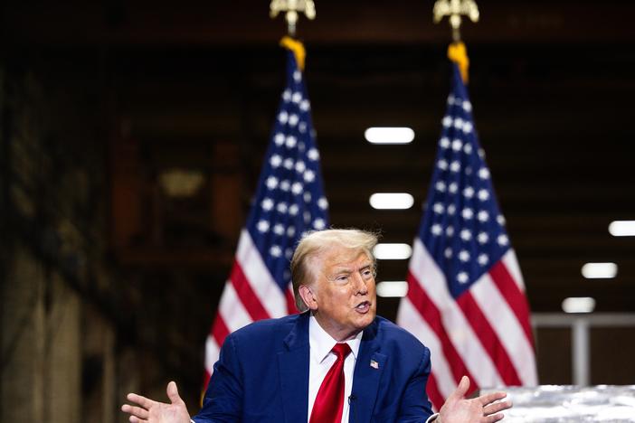 Republican Presidential nominee, former president Donald J. Trump remarks during a campaign event at Precision Custom Components on August 19, 2024 in York, Pa.