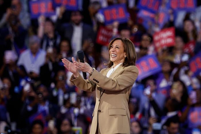 Democratic presidential candidate Vice President Harris speaks onstage during the first day of the Democratic National Convention at the United Center in Chicago on Monday. Her main speech is Thursday night.