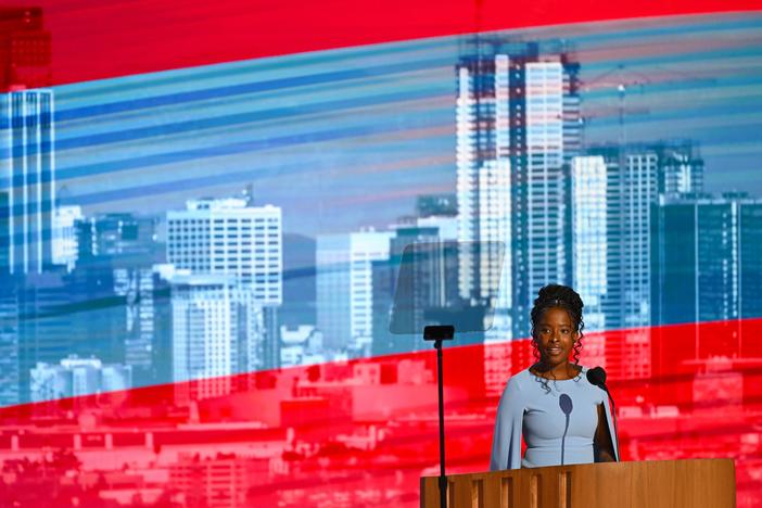 National Youth Poet Laureate Amanda Gorman speaks on stage during the third day of the Democratic National Convention in Chicago, Illinois.
