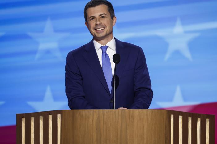 U.S. Transportation Secretary Pete Buttigieg speaks on stage during the third day of the Democratic National Convention in Chicago, Illinois.