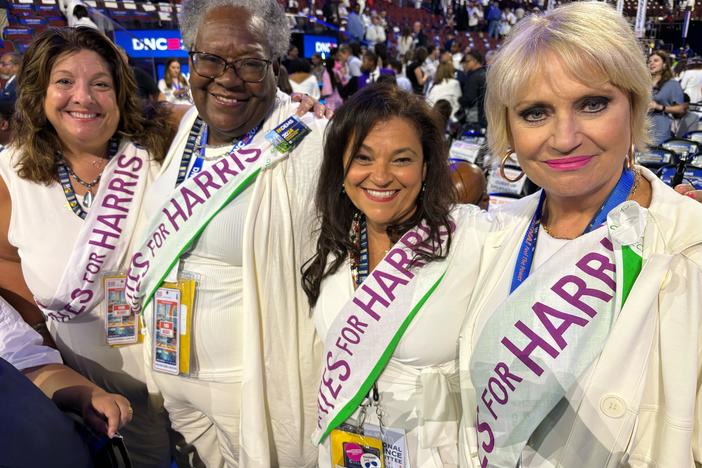 Lori Hefner-Vargo, Carmen Bell, Fadia Halma and Lori McFarland from Pennsylvania's Lehigh County wore white and made sashes as a sign of respect for Vice President Harris.