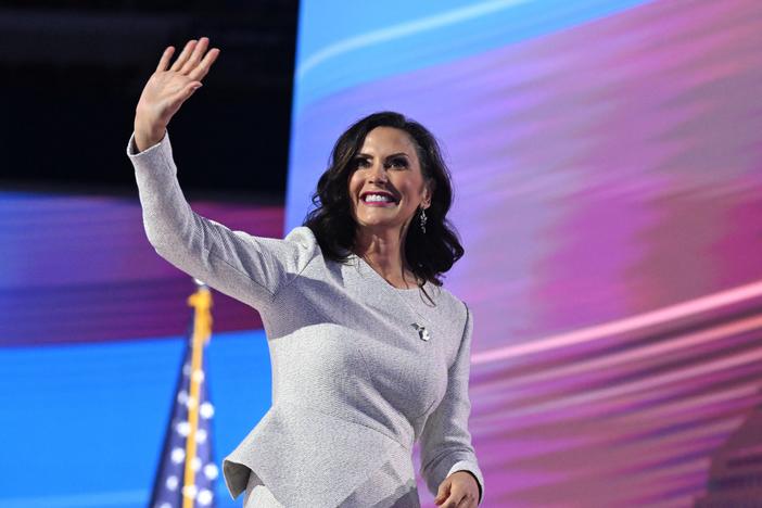 Michigan Gov. Gretchen Whitmer walks off stage after speaking on the fourth and last day of the Democratic National Convention (DNC) at the United Center in Chicago.