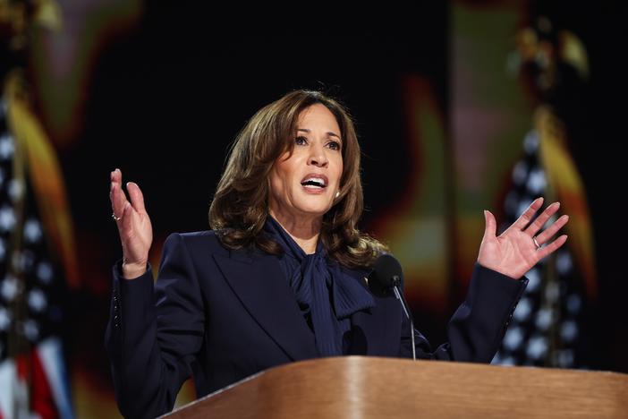 Vice President Harris speaks on stage during the final day of the Democratic National Convention on Aug. 22, 2024.