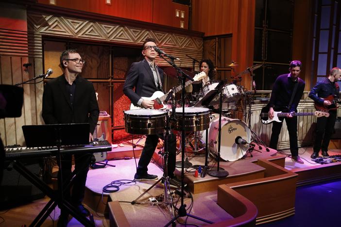 The 8G Band on February 24, 2014 — the very first episode of <em>Late Night with Seth Meyers</em>. Left to right: Eli Janney, Fred Armisen, Kim Thompson, Syd Butler and Seth Jabour.