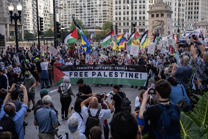 Pro-Palestine protesters march ahead of the Democratic National Convention on Aug. 18, 2024 in Chicago.