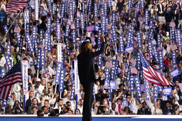 Vice President Harris, the Democratic presidential nominee, arrives onstage to speak on the fourth and last day of the Democratic National Convention in Chicago on Thursday.