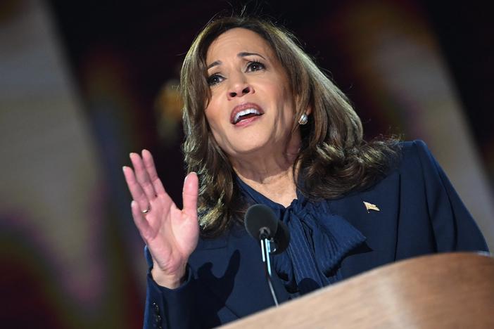 Vice President and Democratic presidential candidate Kamala Harris waves as she arrives to speak on the fourth and last day of the Democratic National Convention at the United Center in Chicago, on Aug. 22.