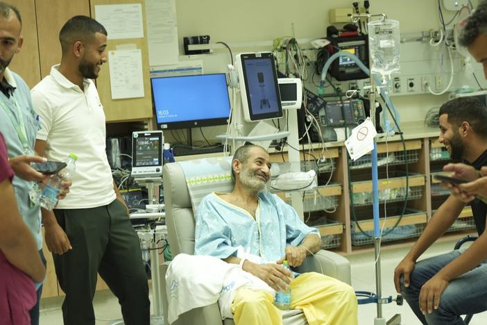 Qaid Farhan Al-Qadi, 52, sits in a room at the Soroka Medical Center in Beersheba, Israel, after Israeli forces say he was found alone in a tunnel in Gaza.