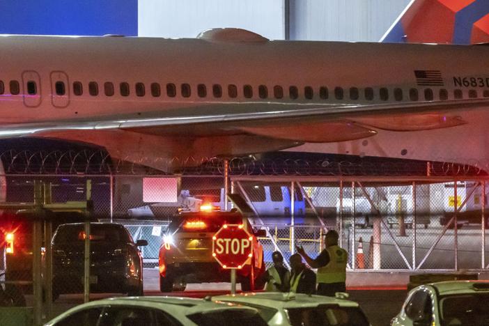 Multiple Atlanta Fire Rescue Department units and police park outside a Delta Maintenance facility near Hartsfield-Jackson International Airport early Tuesday, Aug. 27, 2024 in Atlanta. 