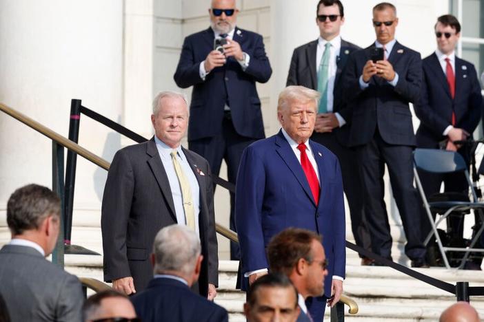 Former President Donald Trump, the Republican nominee for president, visited Arlington National Cemetery Monday to to participate in a wreath laying ceremony to mark the third anniversary of a suicide bombing at Kabul airport that killed 13 American service members.  