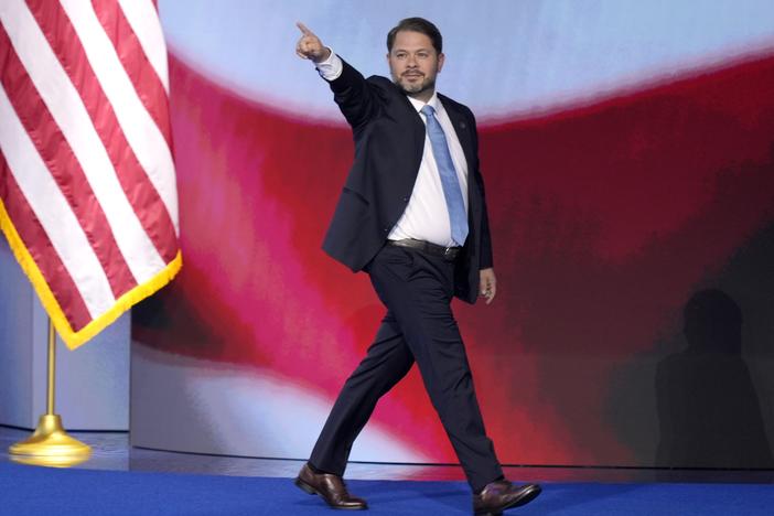 Rep. Ruben Gallego, D-Ariz., walks on stage to speak during the Democratic National Convention Thursday, Aug. 22, 2024, in Chicago.