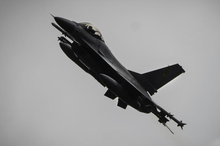 In this photo taken on Aug. 4, 2024, the Ukrainian Air Force's F-16 fighter jet flies in an undisclosed location in Ukraine. 