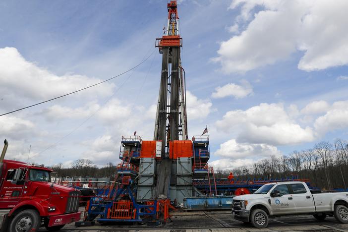A shale gas well drilling site is pictured in 2020 in St. Mary's, Pa., a key battleground state where the fracking industry has brought in jobs.