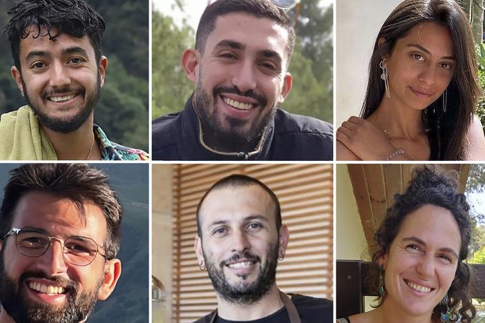 This combination of six undated photos shows hostages, from top left, Hersh Goldberg-Polin, Ori Danino, Eden Yerushalmi, from bottom left, Almog Sarusi, Alexander Lobanov, and Carmel Gat, who were held hostage by Hamas militants in Gaza.