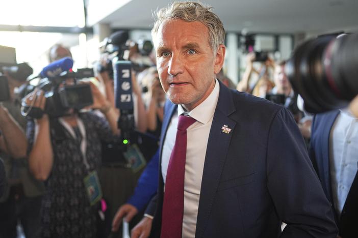 Bjorn Hecke (AfD) after the publication of the first forecasts for the state election in Saxony and Thuringia, in Erfurt, Germany, on Sunday.