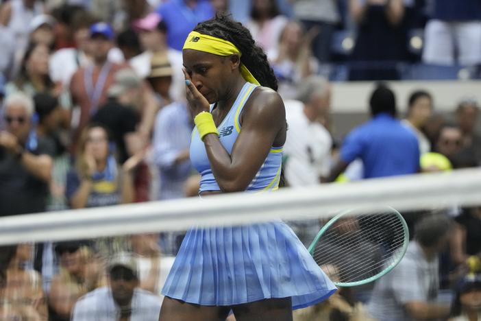 Coco Gauff, of the United States, reacts after losing to Emma Navarro, of the United States, during the fourth round of the U.S. Open tennis championships, Sunday, Sept. 1, in New York. 2024.