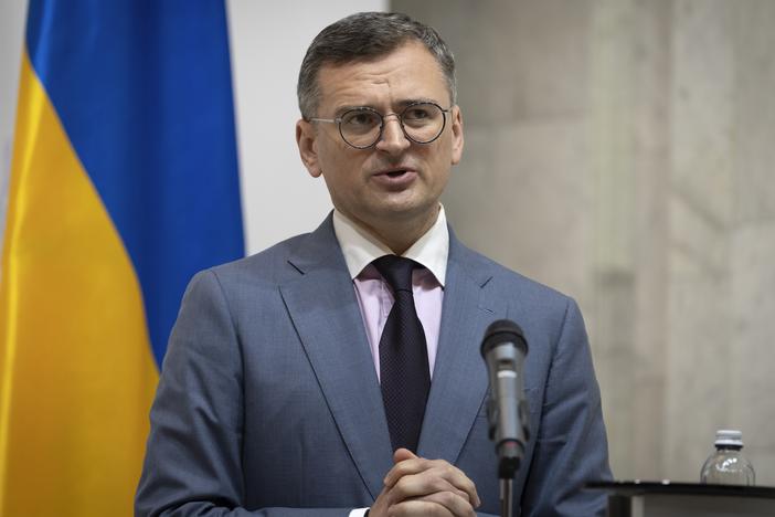 FILE - Ukrainian Foreign Minister Dmytro Kuleba speaks during joint press conference with German Foreign Minister Annalena Baerbock in Kyiv, Ukraine, May 21, 2024. 