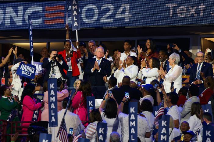Tim Walz gets a shoutout from Kamala Harris on the last night of the Democratic National Convention in August.