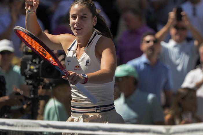 Emma Navarro reacts after defeating Paula Badosa, of Spain, during the quarterfinals of the U.S. Open tennis championships, Tuesday, Sept. 3, 2024, in New York.