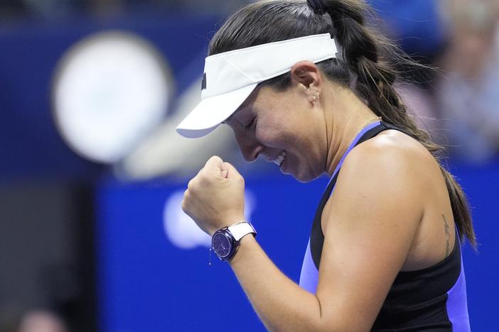 Jessica Pegula of the United States reacts after defeating Iga Świątek, of Poland, during the quarterfinals of the U.S. Open tennis championships on Wednesday in New York.