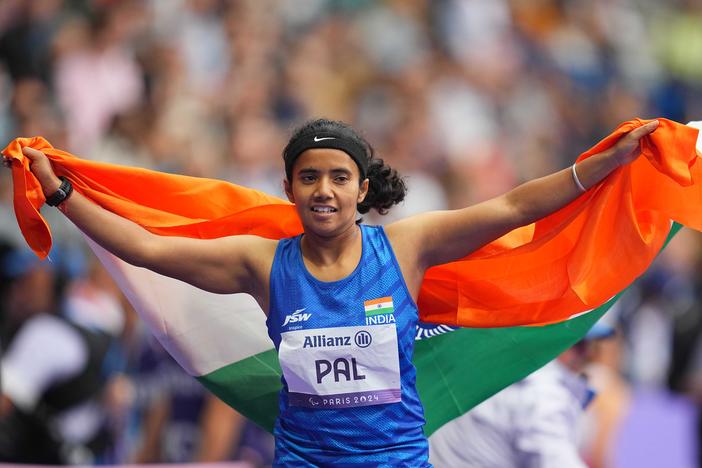 Preeti Pal of India celebrates winning a bronze medal in the Women's 100m - T35 Final during the Paris 2024 Paralympic Games on August 30. She won a second bronze in the 200m final two days later -- and became an instant hero in her homeland. 