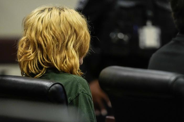 Colt Gray, charged as an adult with four counts of murder, sits in a Barrow County courtroom on Friday during his first appearance for the Wednesday shooting at Apalachee High School, in Winder, Ga. 
