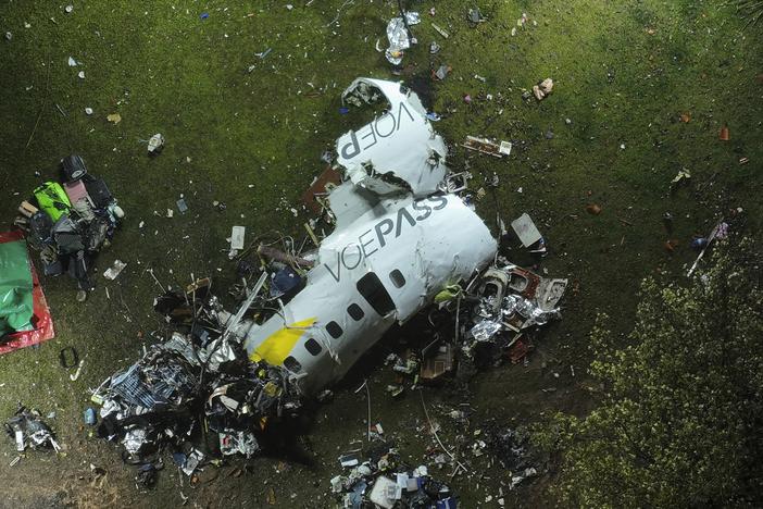The debris at the site where an airplane crashed with 62 people on board, in Vinhedo, Sao Paulo state, Brazil, early on Saturday, Aug. 10, 2024. 