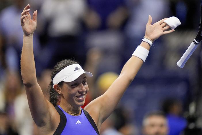 Jessica Pegula of the United States reacts after defeating Karolina Muchova, of the Czech Republic, during the women's singles semifinals of the U.S. Open tennis championships on Thursday in New York.