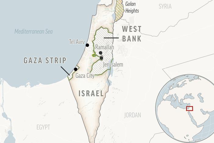 This is a locator map of Israel and the Palestinian Territories. 