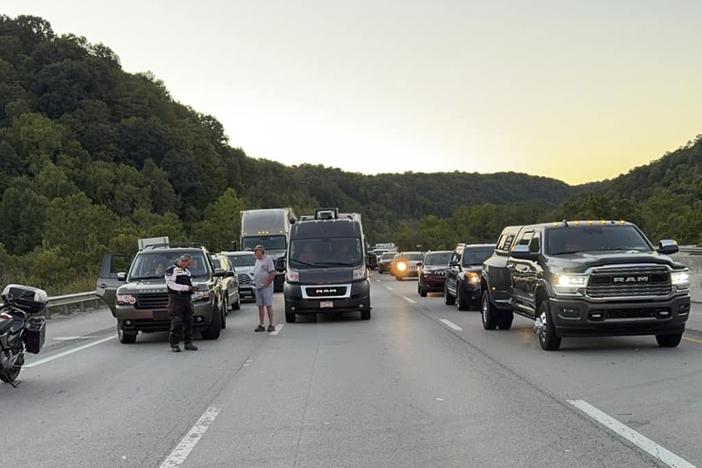 This image released by the Mount Vernon Fire Department shows traffic stopped during an active shooting on Interstate 75 north of London, Ky., on Saturday.