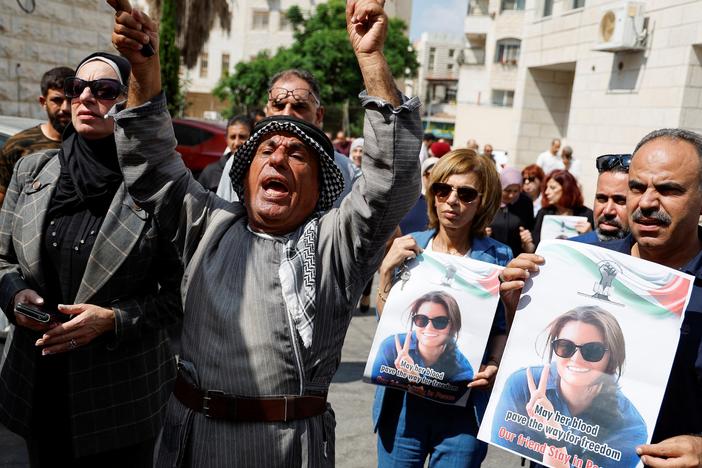 Palestinians march to honor Turkish American activist Aysenur Eygi in Nablus, in the Israeli- occupied West Bank, on Sunday. Witnesses say Israeli forces shot Eygi dead during a pro-Palestinian demonstration Friday.