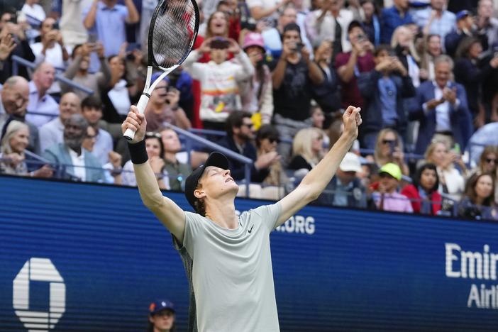Jannik Sinner, of Italy, reacts after defeating Taylor Fritz, of the United States, to win the men's singles final of the U.S. Open tennis championships, Sunday, Sept. 8, 2024, in New York.