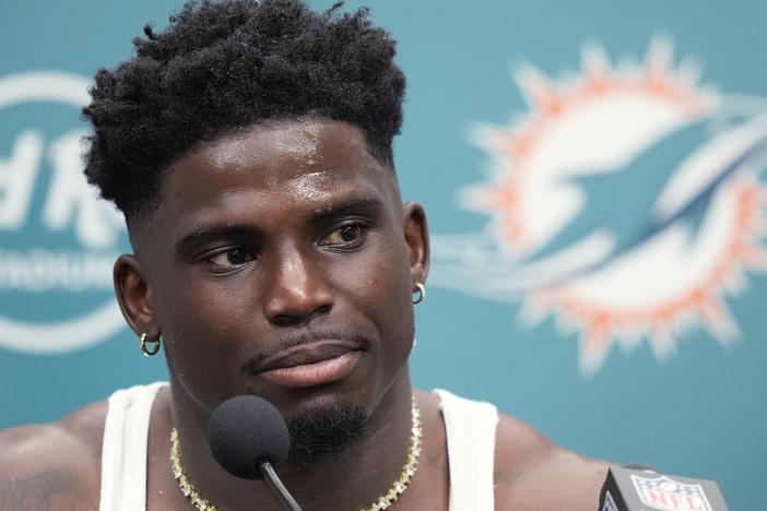 Miami Dolphins wide receiver Tyreek Hill speaks during an NFL football post game news conference on Sunday in Miami Gardens, Fla. The Dolphins defeated the Jaguars 20-17. 