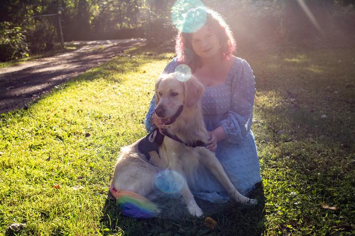 Lilla Lanivich, 14, and her service dog, Lopez, outside their family’s home in Rochester Hills, Mich. This year’s middle school winner of the NPR Student Podcast Challenge tells how her golden retriever, Lopez, helped restore her independence.