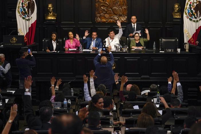 Senators hold a session in alternate headquarters due to protesters blocking access to their regular chambers, in Mexico City, on Sept. 5. The protesters were opposing major judicial reforms.