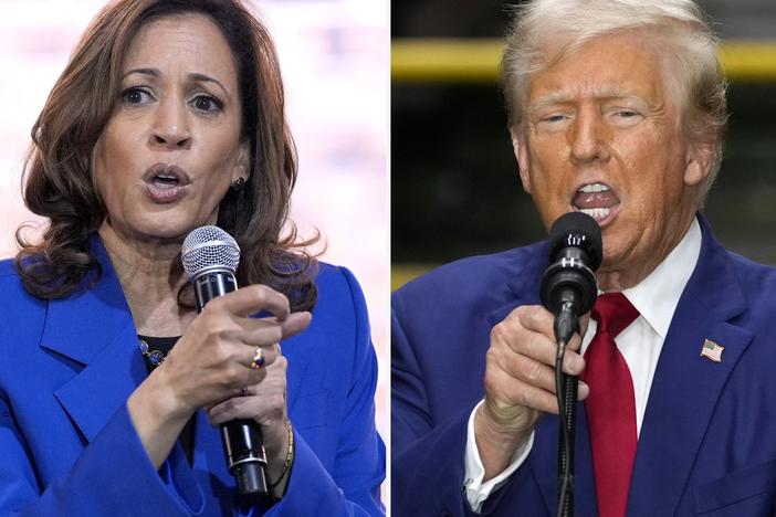 In this combination of photos taken in Pennsylvania, Democratic presidential nominee Vice President Kamala Harris speaks at a campaign event on Aug. 18 in Rochester, and Republican presidential nominee former President Donald Trump speaks during a campaign event on Aug. 19 in York. 