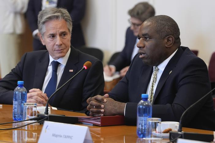 U.S. Secretary of State Antony Blinken and Britain's Foreign Secretary David Lammy meet with Ukraine's Foreign Minister Andrii Sybiha at the Ministry of Foreign Affairs in Kyiv, Ukraine, Wednesday. 