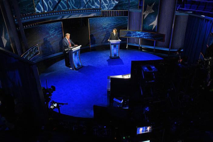 Vice President and Democratic presidential candidate Kamala Harris and former President and Republican presidential candidate Donald Trump speak during a presidential debate.