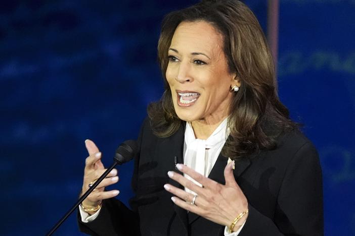 Democratic presidential nominee Vice President Kamala Harris speaks during a presidential debate with Republican presidential nominee former President Donald Trump at the National Constitution Center in Philadelphia.