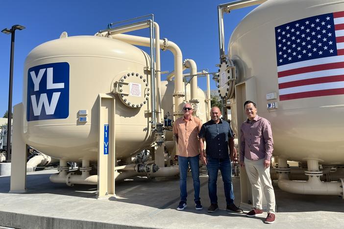 John Brundahl (left), production superintendent, Todd Colvin, chief water systems operator, and Mark Toy, general manager, run the PFAS treatment plant at the Yorba Linda Water District in Orange County, Calif.