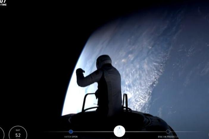 Jared Isaacman, a wealthy entrepreneur who paid for the mission, was the first out of the hatch. He spent about 10 minutes looking down at the Earth below.
