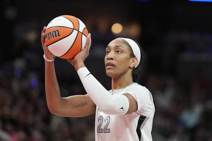 The Las Vegas Aces' A'ja Wilson shoots during the second half of a WNBA basketball game against the Indiana Fever in Indianapolis on Wednesday.