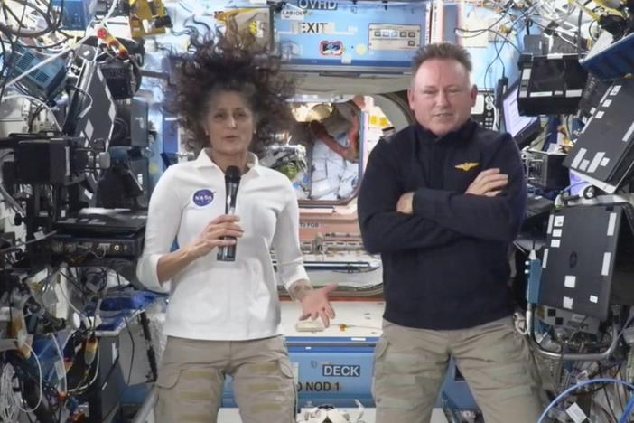 This image made from a NASA live stream shows NASA astronauts Suni Williams and Butch Wilmore during a press conference from the International Space Station on Friday.