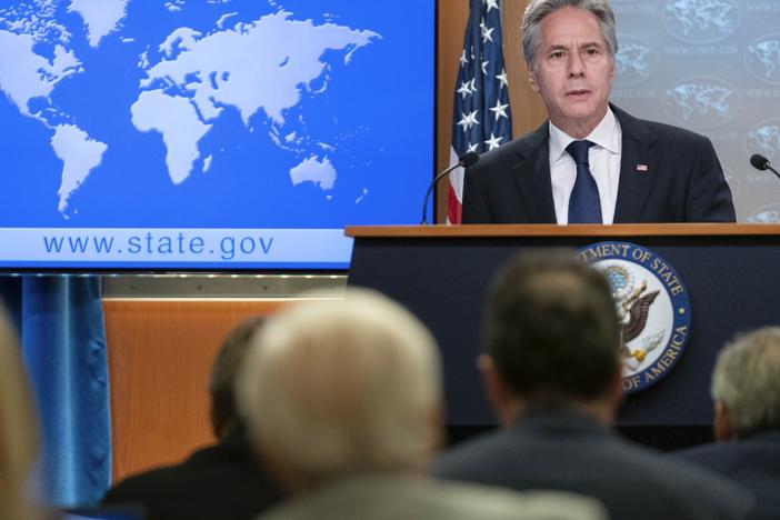 Secretary of State Antony Blinken speaks during a news conference about Russia's election interference at the Department of State in Washington on Friday.