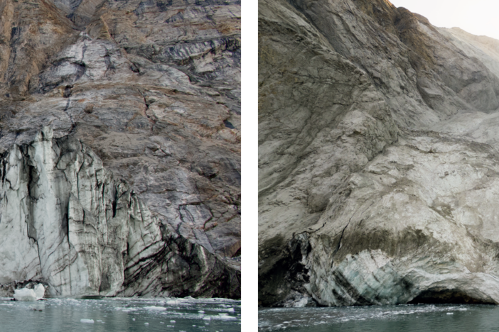 Images taken from Dickson fjord show before (August 2023) and after (September 2023) photos of the mountain peak and glacier where a large landslide triggered a tsunami.