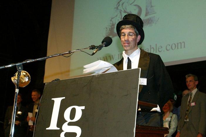 Master of Ceremonies Marc Abrahams addresses the audience during a pre-pandemic Ig Nobel Prize ceremony.