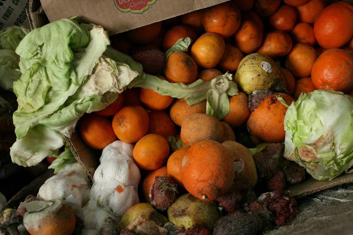 A box of food scraps that will be composted sits at a waste transfer station in San Francisco.