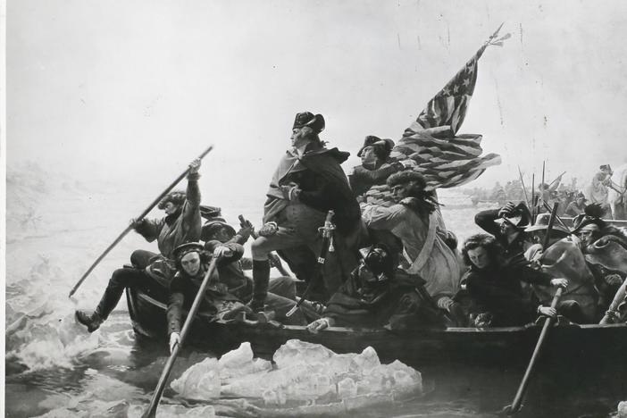 George Washington crosses the Delaware River during the American Revolutionary War in 1776. 